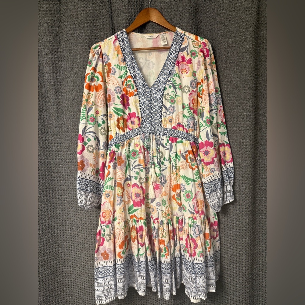Kaktus Floral Boho Mini Dress XL 100% Cotton Peasant Tassel Tie